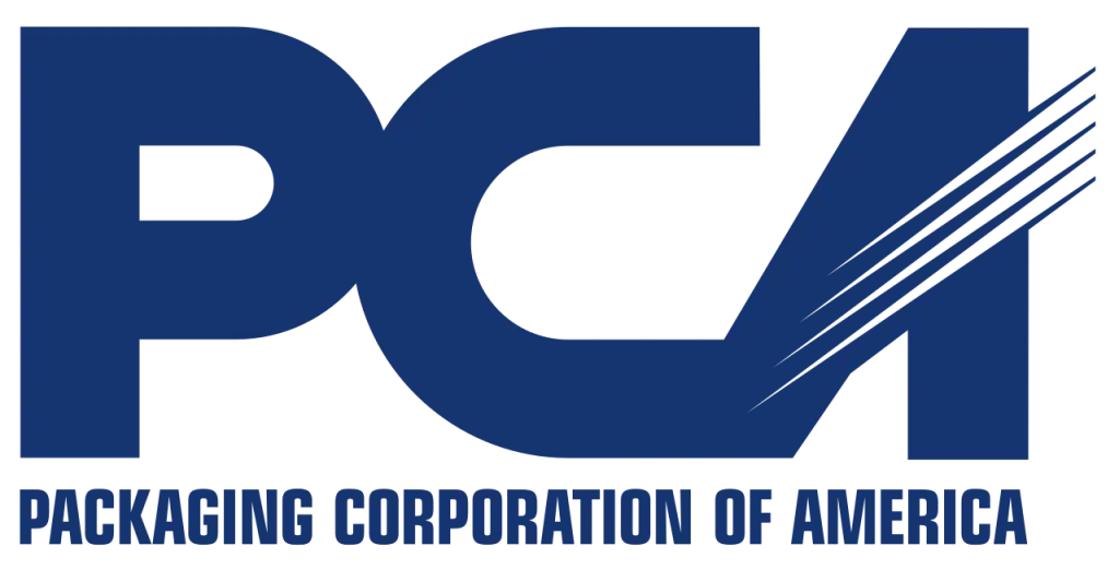 PCA logo, acronym for Packaging Corporation of America, featuring blue text with stylized line accents.